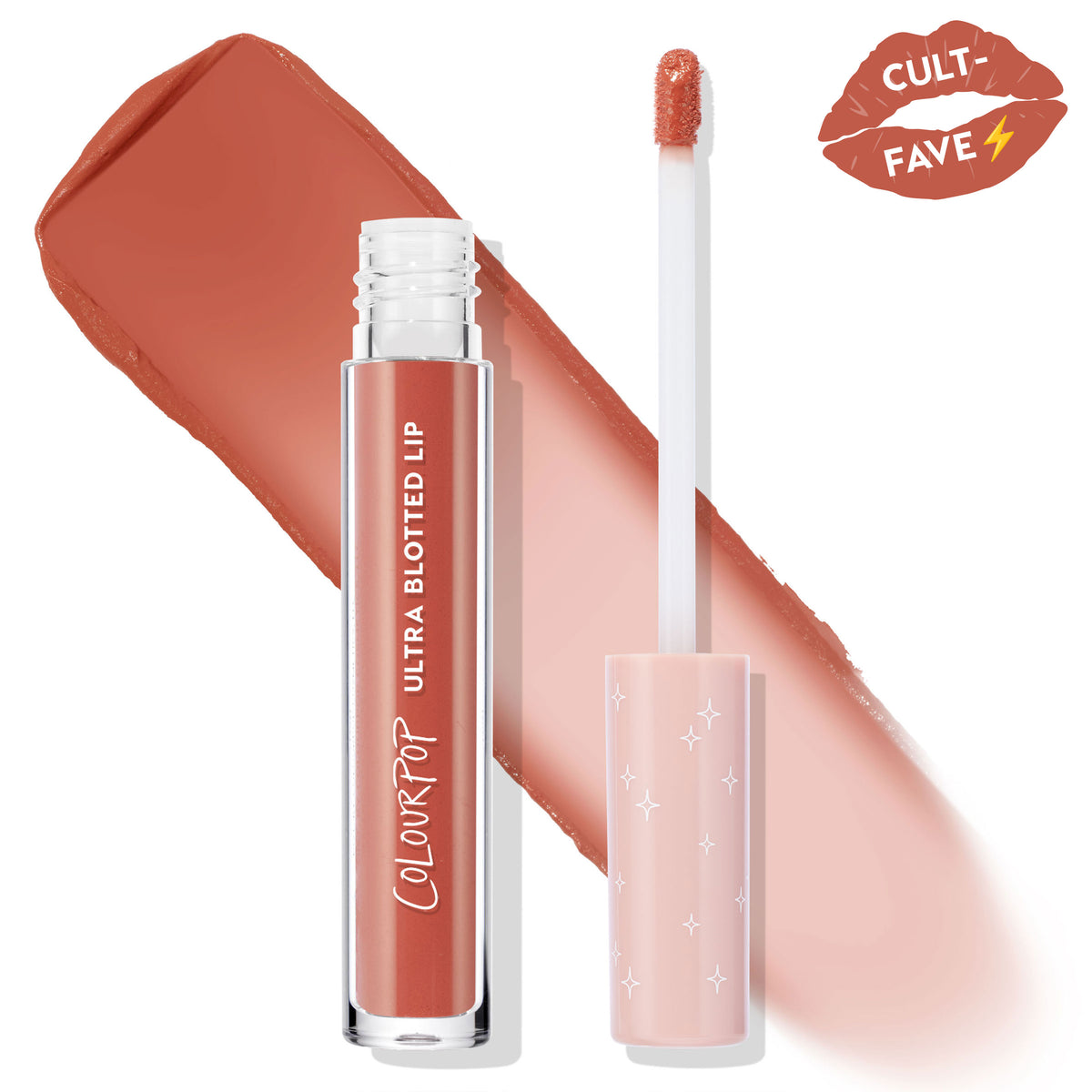 ColourPop Zuma Ultra Blotted Lip in a peachy terracotta nude, shown open with a doe-foot applicator beside the clear tube with starry blush cap, a broad swatch behind, and a “cult‑fave” lip badge on a white background.