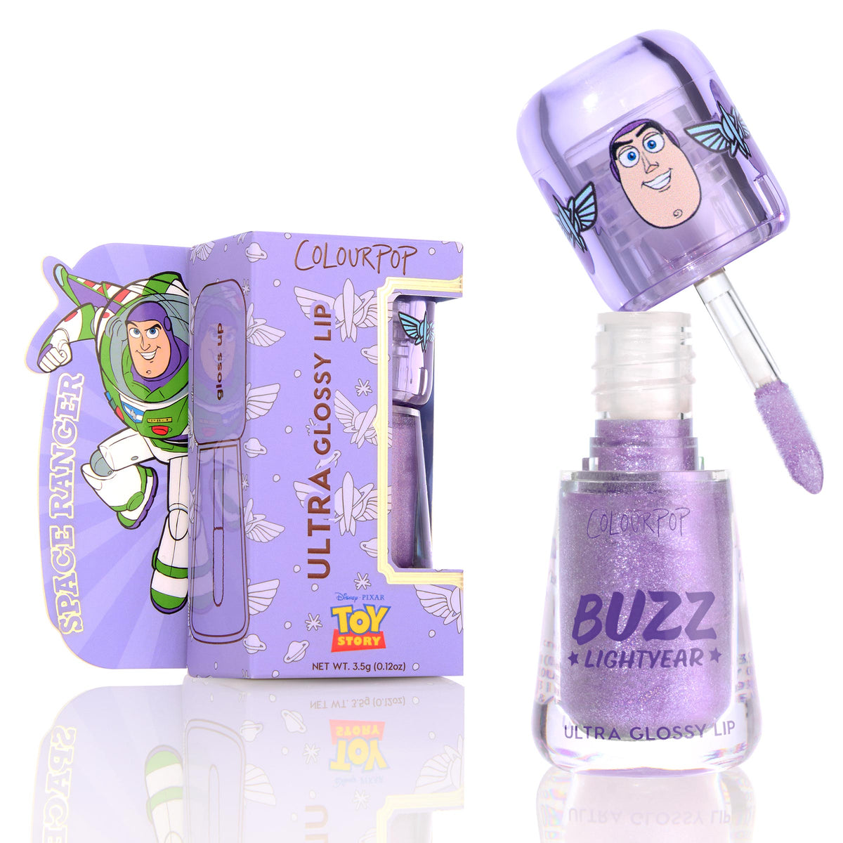 Shimmering lavender lip gloss with applicator lifted from open bottle, set beside purple Buzz Lightyear Toy Story box; ColourPop Ultra Glossy Lip “Buzzin’ About,” 3.5g/0.12oz, high-shine, glitter finish for glossy lips.