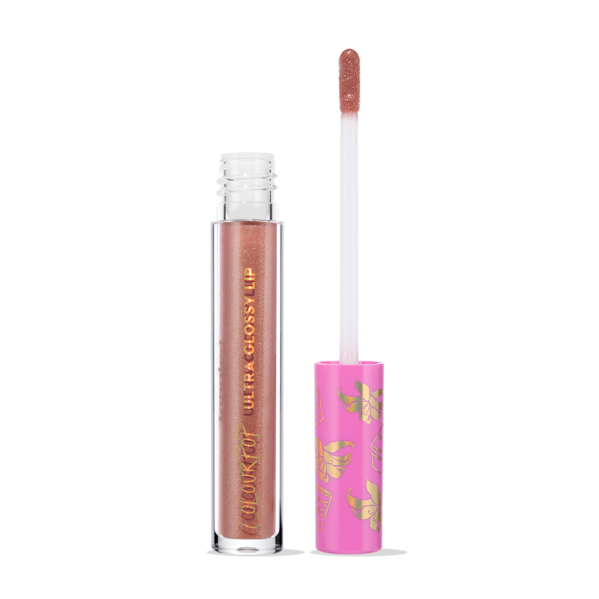 Clear tube and wand of ColourPop Ultra Glossy Lip in Flynn Rider, doe-foot applicator lifted to show a shimmery rosy nude gloss; gold Ultra Glossy Lip lettering and a pink cap with gold motifs, set against a white background.