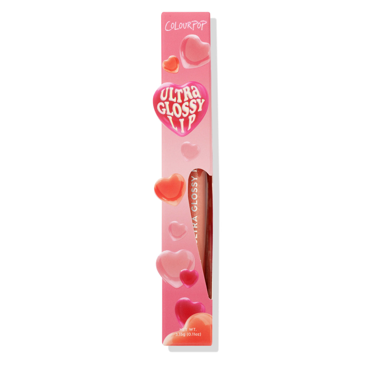 ColourPop Ultra Glossy Lip in One Kiss stands upright in a gradient pink, heart-adorned retail box with a window revealing the gloss tube, net wt. 3.15g (0.11 oz), isolated on a white background.