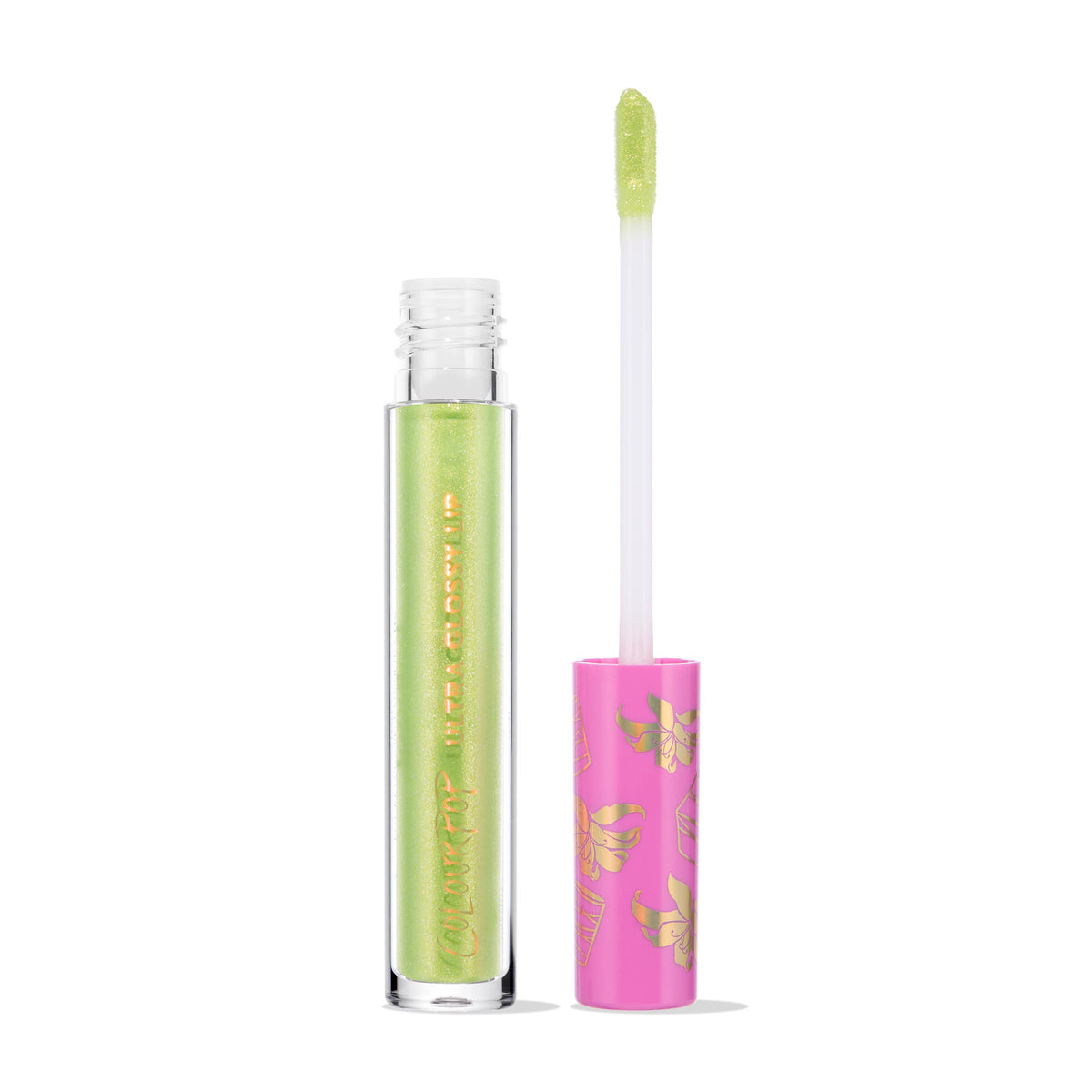 Pascal ColourPop Ultra Glossy Lip shown open, doe-foot applicator coated in lime green, pearlescent shimmer gloss beside a clear tube; pink cap with gold foil pattern on a clean white studio background.