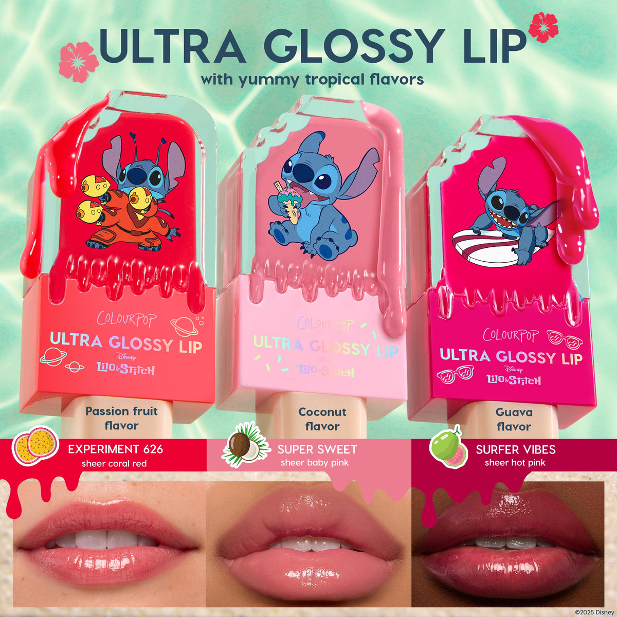Super Sweet ColourPop Ultra Glossy Lip showcases a sheer baby pink, coconut‑flavored gloss, displayed in popsicle‑style packaging with Stitch art and shown swatched on lips with a high‑shine finish beside other Lilo & Stitch tropical shades.