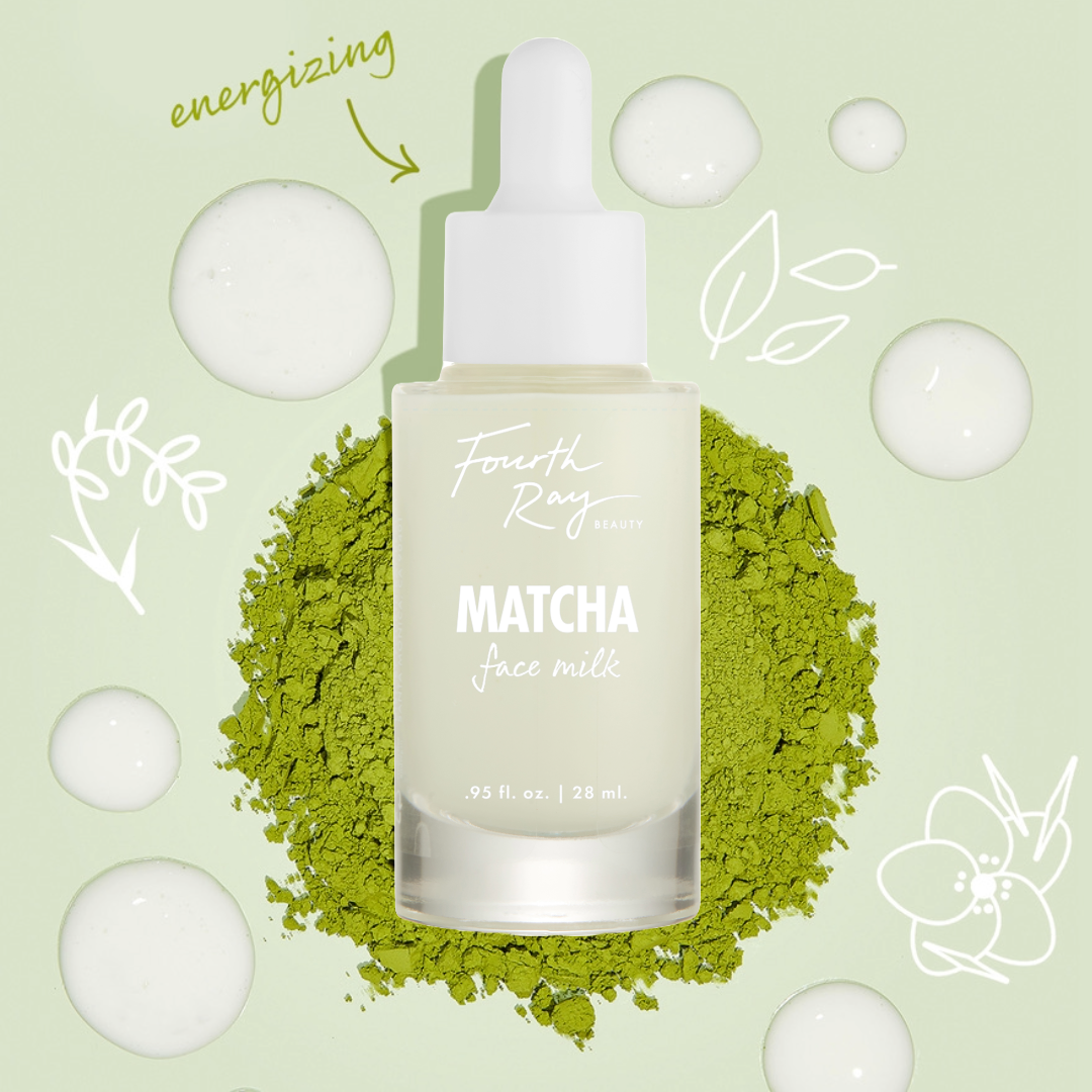 Fourth Ray Beauty Matcha Face Milk frosted glass bottle with dropper standing on a pile of vibrant matcha powder, surrounded by milky serum drops and leaf doodles on a pale green backdrop, showcasing its energizing formula, 0.95 fl oz/28 mL ColourPop Face Milk.
