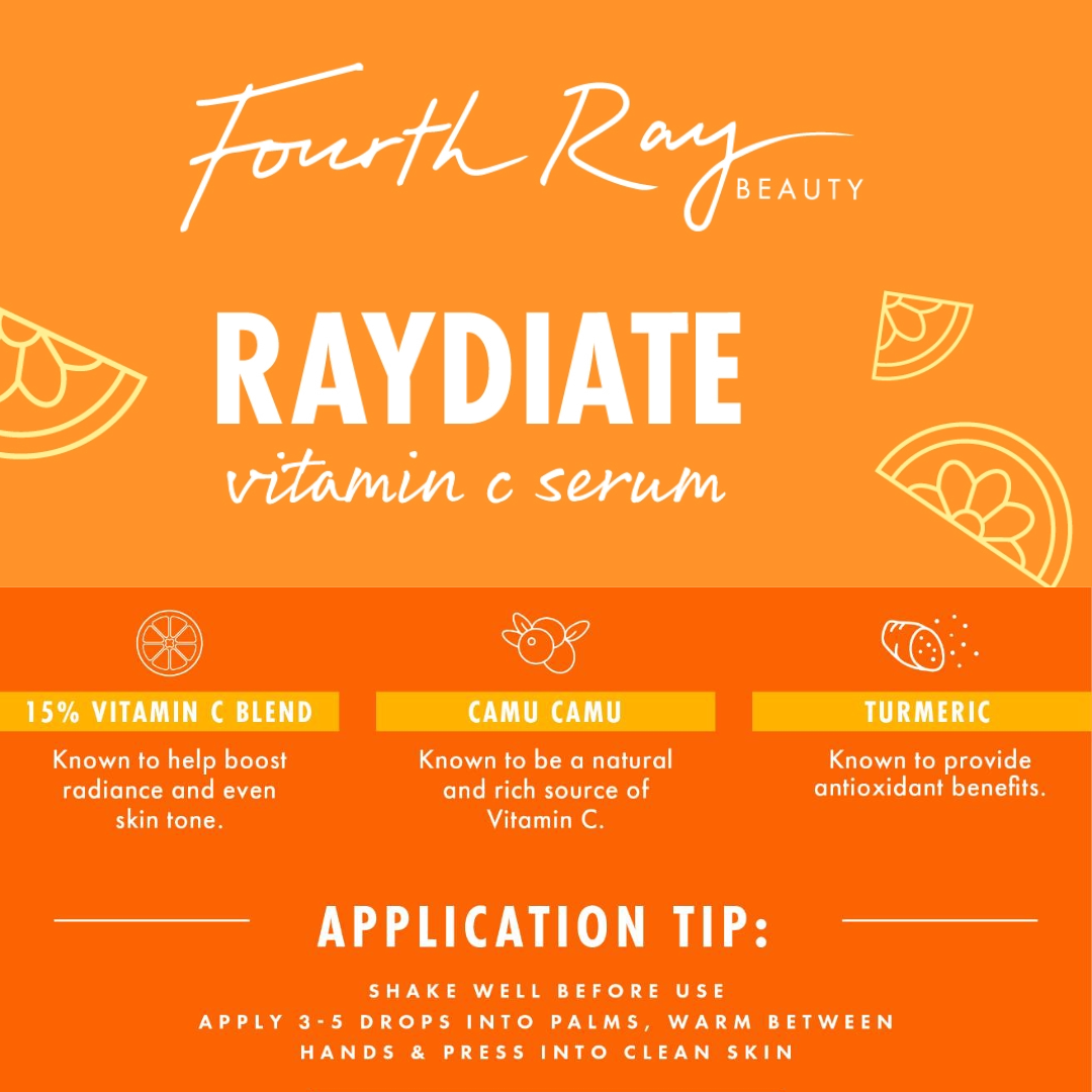 Fourth Ray Beauty RAYdiate Vitamin C Serum face serum highlights a 15% vitamin C blend with camu camu and turmeric on a bright orange label with citrus slice graphics and application tips; ColourPop skincare.