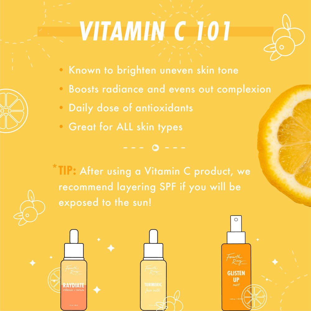 Bright Future Vitamin C Tonic promotional graphic showing Colourpop skincare serums on a sunny yellow background with sliced citrus, highlighting Vitamin C 101 benefits for all skin types and SPF layering tip for brighter, even-toned skin.