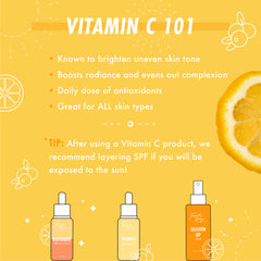 Glisten Up Vitamin C Mist, an orange spray bottle, sits with Raydiate serum and Turmeric face milk on a Vitamin C 101 graphic listing brightening, radiance, antioxidant, and all-skin benefits, lemon visuals, and an SPF layering tip; ColourPop Face Mist.