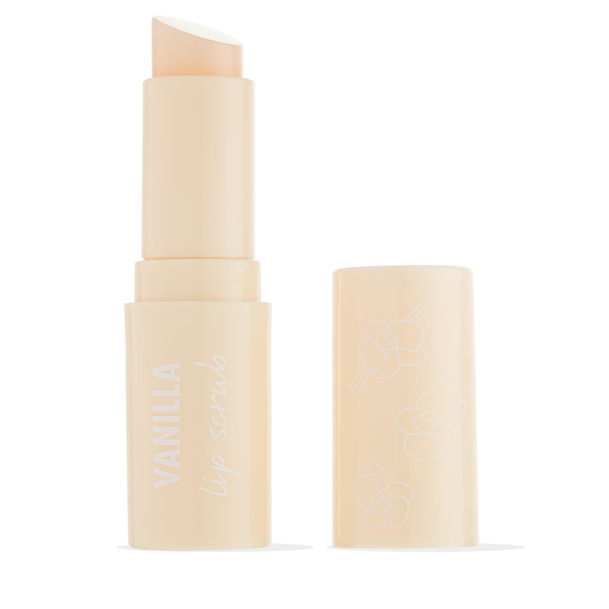 Vanilla Lip Scrub twist-up stick standing with cap off, slanted balm tip exposed; pale beige tube reads “Vanilla lip scrub” with matching cap featuring orchid line art, on white background - ideal prep for ColourPop lip color.