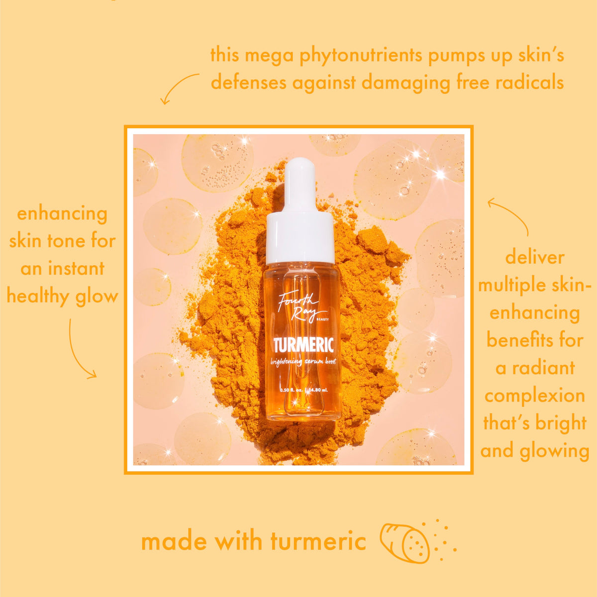 Turmeric Serum dropper bottle glows with amber formula as it rests on a pile of turmeric powder, white pipette upright, styled on a peach backdrop with dewy bubbles - a brightening ColourPop Face Serum for radiant, healthy-looking skin.