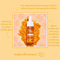 Turmeric Serum dropper bottle glows with amber formula as it rests on a pile of turmeric powder, white pipette upright, styled on a peach backdrop with dewy bubbles - a brightening ColourPop Face Serum for radiant, healthy-looking skin.