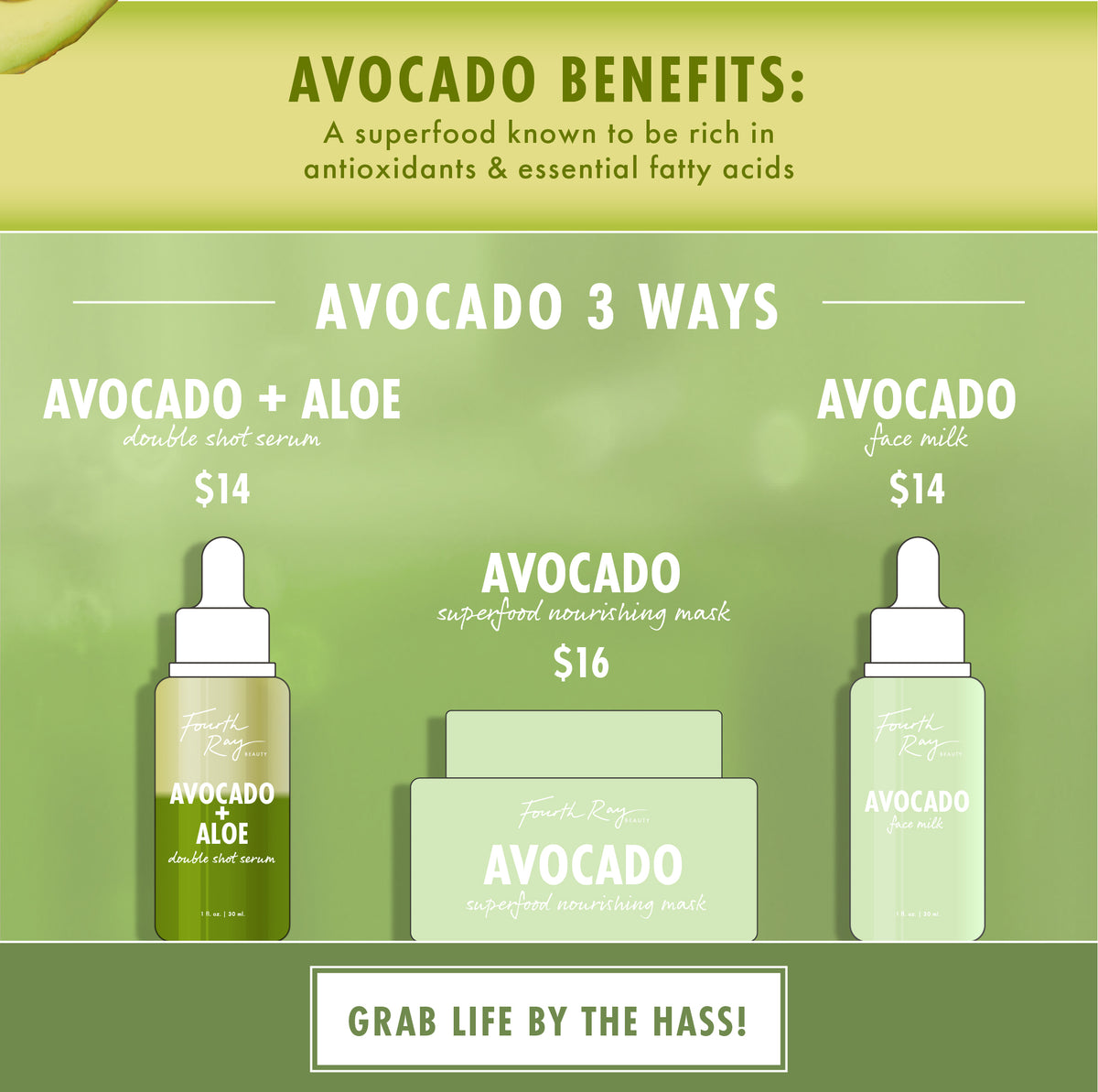 Avocado + Aloe Double Shot face serum dropper bottle showcased upright, $14, on a soft green backdrop alongside an avocado mask and face milk, promoting antioxidant-rich hydration; nourishing ColourPop Face Serum for daily skincare.