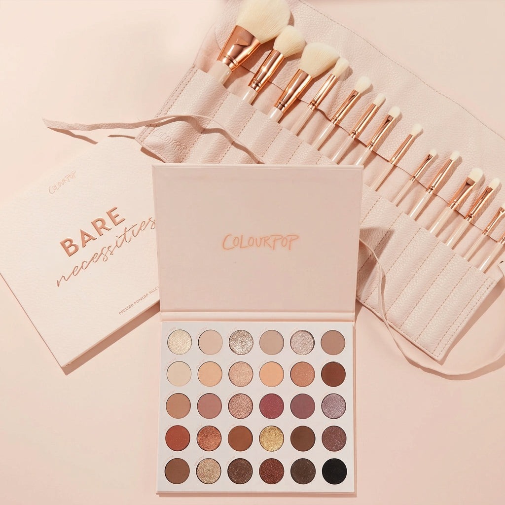Doin’ the Most ColourPop Shadow Palette & Brush Set featuring the Bare Necessities 30‑pan neutral palette open with matte and shimmer nudes to deep browns, paired with a blush brush roll of white, rose‑gold brushes on a soft pink background with $175 value badge.