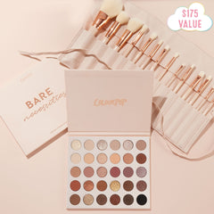 Doin’ the Most ColourPop Shadow Palette & Brush Set featuring the Bare Necessities 30‑pan neutral palette open with matte and shimmer nudes to deep browns, paired with a blush brush roll of white, rose‑gold brushes on a soft pink background with $175 value badge.