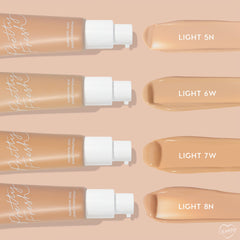 ColourPop Pretty Fresh Tinted Moisturizer Light 5N showcases a pump bottle and creamy neutral‑beige swatch, arranged beside Light 6W, Light 7W, and Light 8N on a peach background, highlighting the hyaluronic acid formula in white‑pump bottles.