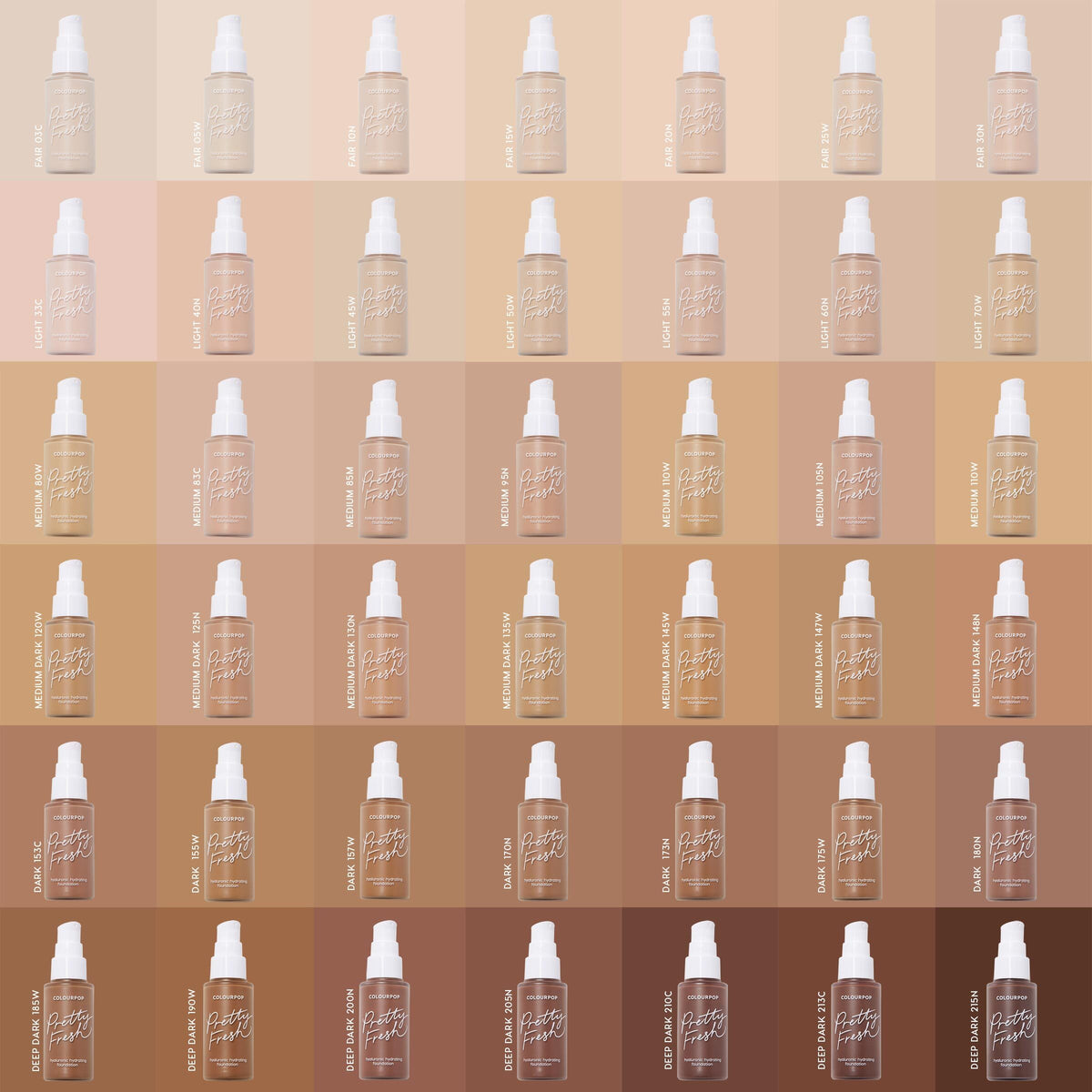 ColourPop Hyaluronic Hydrating Foundation Pretty Fresh bottle in shade Light 50 W displayed within a full shade grid from fair to deep tones, frosted pump with white cap on warm nude tiles.