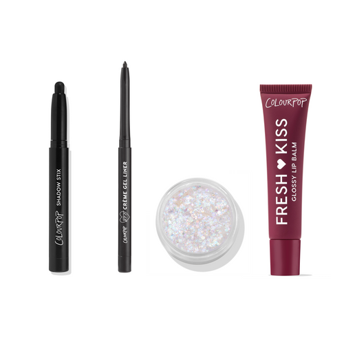 Skulled Out ColourPop makeup set arranged in a row on a white background, featuring black Shadow Stix, a black Creme Gel Liner, an iridescent glitter pot, and a fresh kiss glossy balm in wildberry