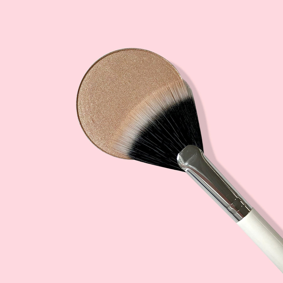 ColourPop fan brush makeup brush sweeping a champagne highlighter pan, duo-fiber black-and-white bristles with a silver ferrule and white handle, close-up on a pastel pink background.