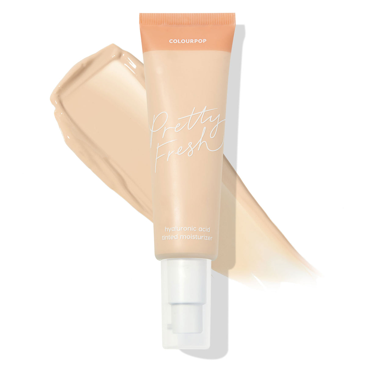 ColourPop Pretty Fresh Tinted Moisturizer tube in Fair 1 N stands with a white pump and peach cap over a creamy beige swatch, showcasing the neutral fair shade and hyaluronic acid formula for light, dewy coverage.