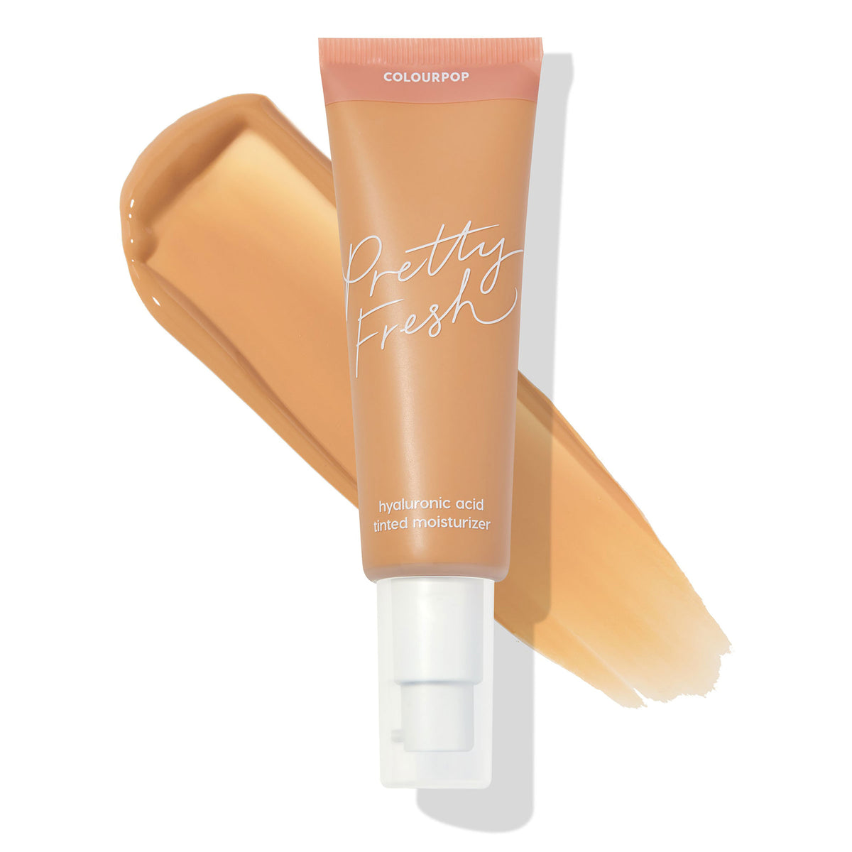 ColourPop Pretty Fresh Tinted Moisturizer in Medium 9 W showcasing a tan-beige swatch behind the peach tube with white pump, highlighting its hyaluronic acid formula against a clean white background.