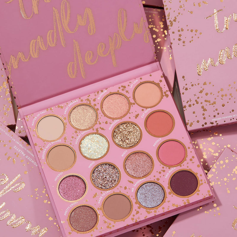 ColourPop Truly Madly Deeply Romantic mauves, peachy pinks, and multidimensional Pressed Glitters 12 pan shadow palette