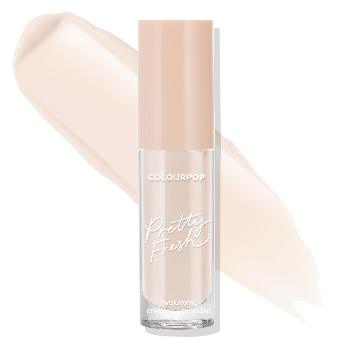 Fair 07 C tube of ColourPop Pretty Fresh Creamy Concealer standing upright with a blush-beige cap, showcasing its hyaluronic creamy formula in a clear bottle with pale fair swatches behind on a white background.