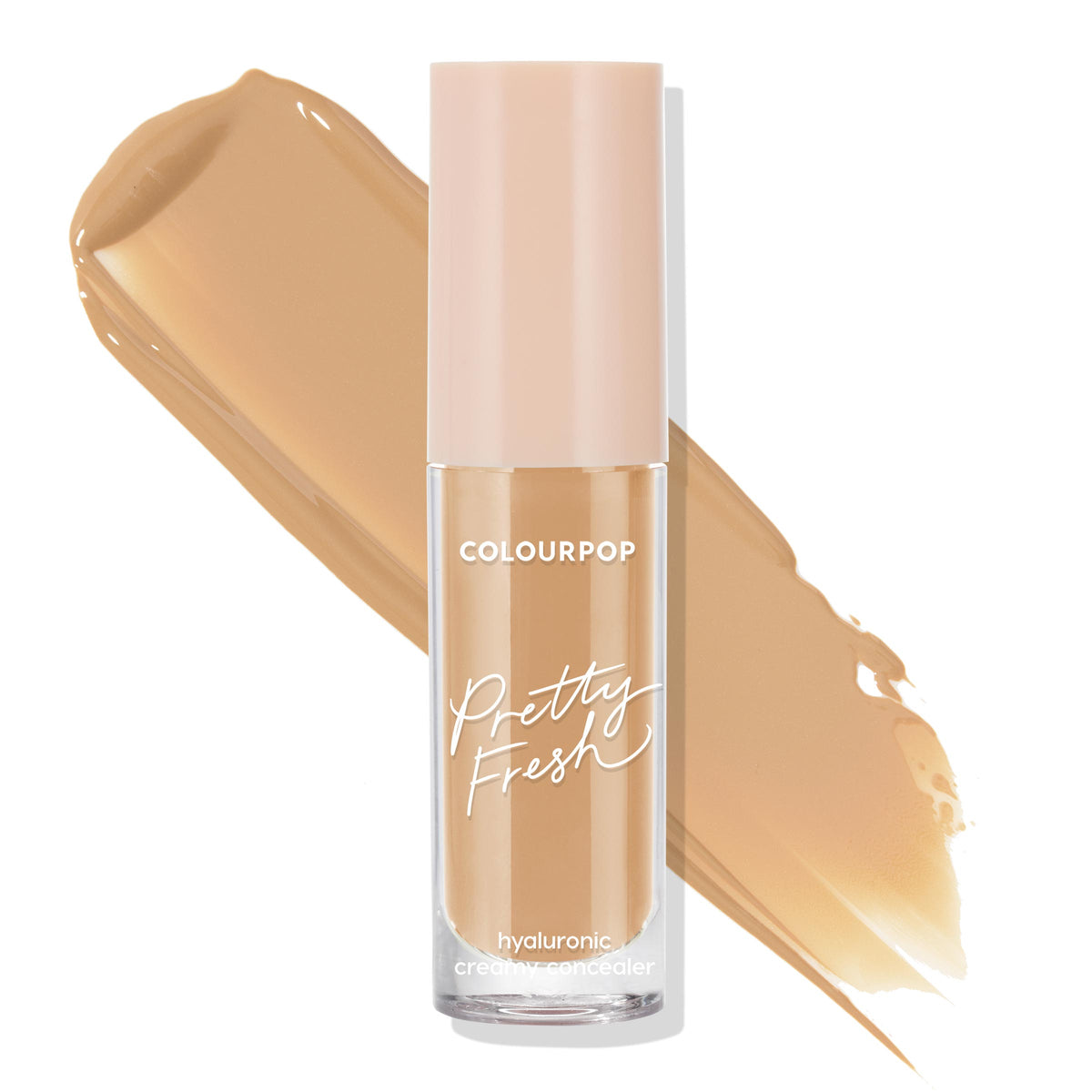 ColourPop Pretty Fresh Creamy Concealer in Medium Dark 115 W stands upright with a warm medium‑dark beige swatch swept behind, showing a clear tube with blush cap and “Pretty Fresh” hyaluronic formula text on a white background.