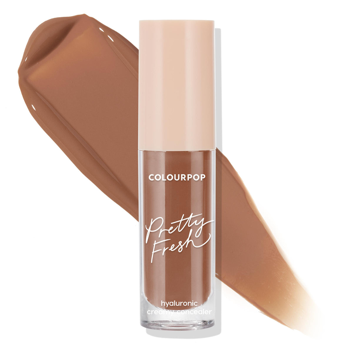 ColourPop Pretty Fresh Creamy Concealer in Dark 170 N stands upright with a peach cap, showcasing a deep neutral-brown swatch behind the tube on a white background, highlighting the hyaluronic formula.