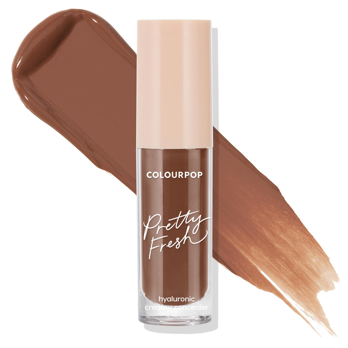 ColourPop Pretty Fresh Creamy Concealer in Deep Dark 200 N stands upright in a clear tube with a blush cap, showing a deep neutral espresso shade; wide and blended swatches behind demonstrate creamy, hyaluronic coverage on a white studio background.