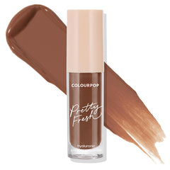 ColourPop Pretty Fresh Creamy Concealer in Deep Dark 200 N stands upright in a clear tube with a blush cap, showing a deep neutral espresso shade; wide and blended swatches behind demonstrate creamy, hyaluronic coverage on a white studio background.