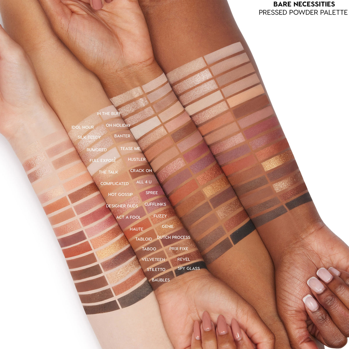 ColourPop Shadow Palette Bare Necessities swatched on three arms, showing a wide range of neutral mattes and shimmers from ivory to rich espresso; shade names labeled; pressed powder formula with even payoff across light, medium, and deep skin tones.