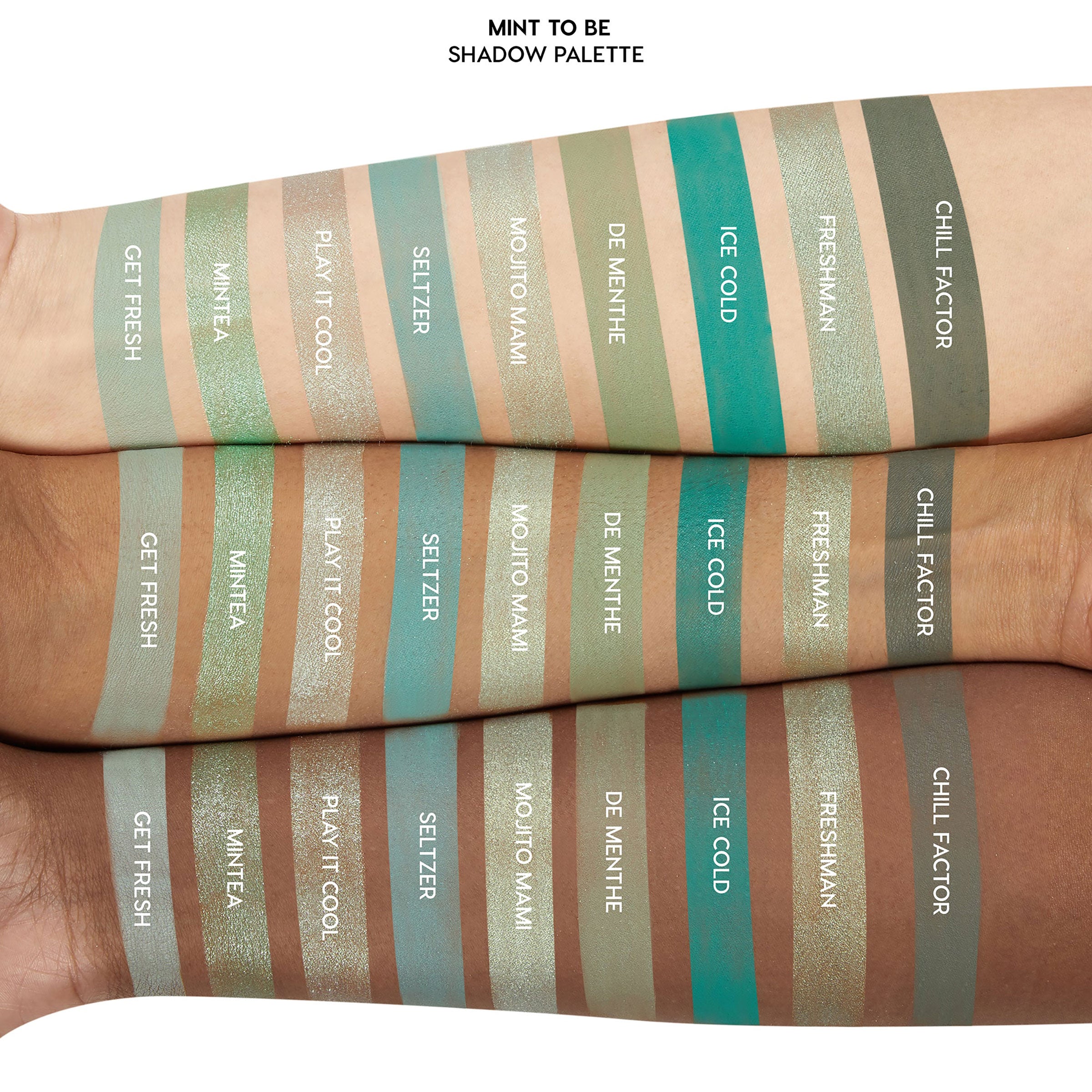 ColourPop Mint To Be Eyeshadow Palette including 9 minty blendable shades in mattes and bold metallics for a soft wash to a vibrant dramatic look Arm Swatches