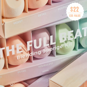 The Full Beat Blending kit includes Velvet, Complexion, Detail, Hourglass, and Silicone makeup beauty sponges
