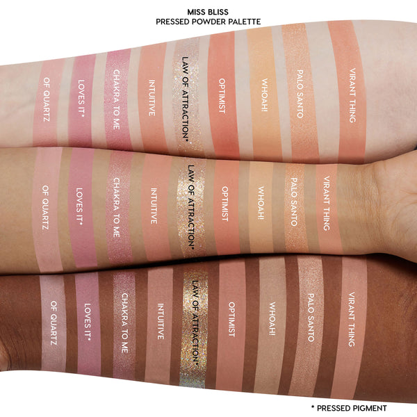 Miss Bliss pastel Dreamy pinks and warm corals eyeshadow palette arm swatches