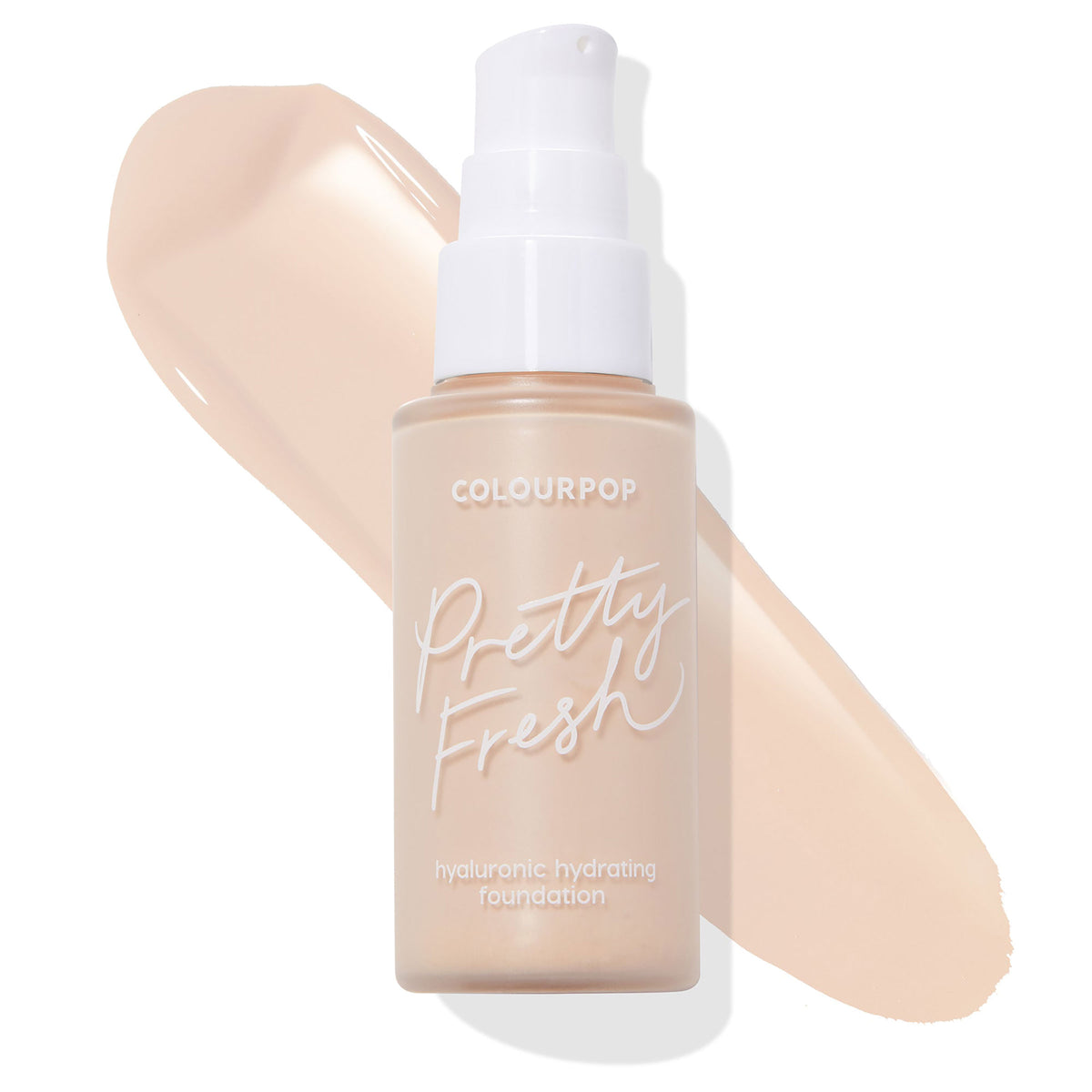 ColourPop Hyaluronic Hydrating Foundation (Pretty Fresh) in shade Fair 10 N stands upright in a frosted bottle with a white pump, with a creamy neutral swatch swept behind on a white background to show tone and coverage.
