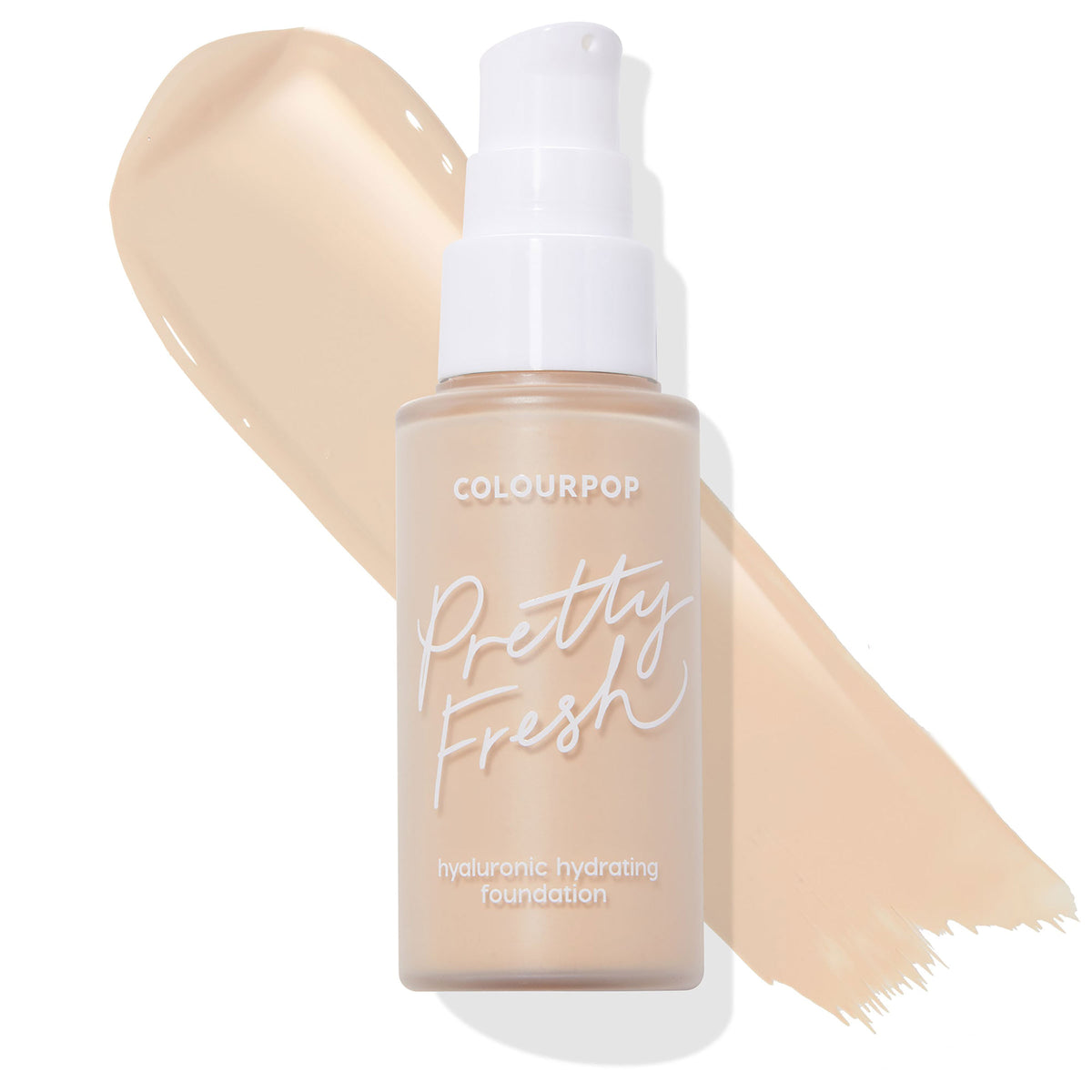 ColourPop Pretty Fresh Hyaluronic Hydrating Foundation bottle in shade Fair 15 W stands upright with a white pump and frosted finish, set over a creamy fair‑beige swatch on white; ColourPop Hyaluronic Hydrating Foundation.