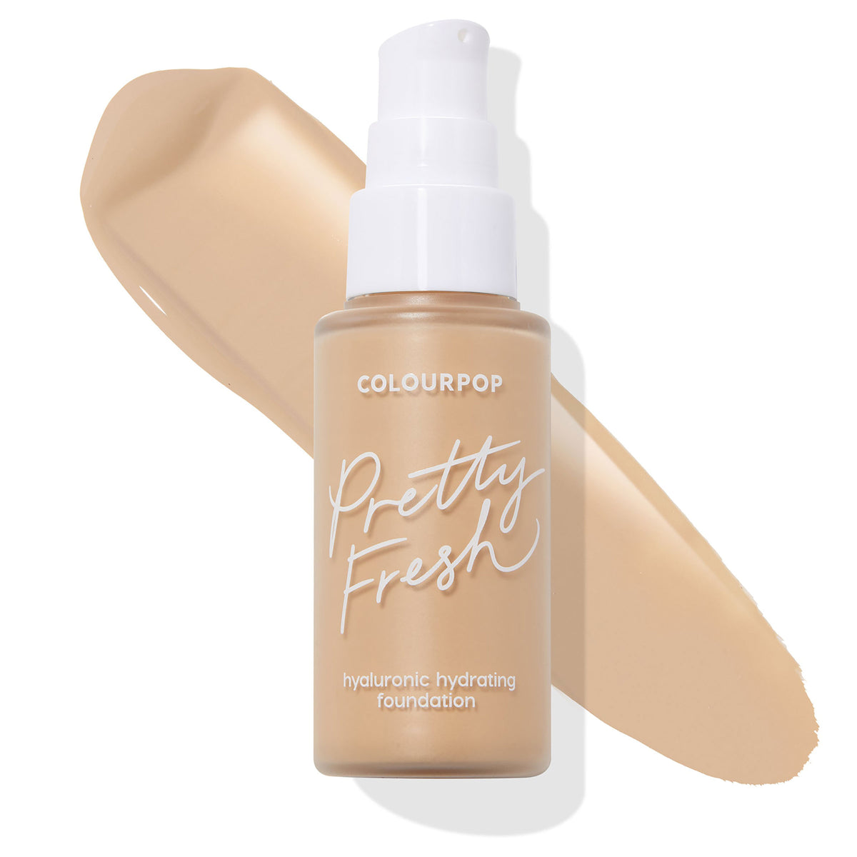ColourPop Hyaluronic Hydrating Foundation in Light 70 W stands upright with a white pump labeled “Pretty Fresh,” while a warm light‑beige swatch arcs behind on a white background, showing the shade and creamy texture.