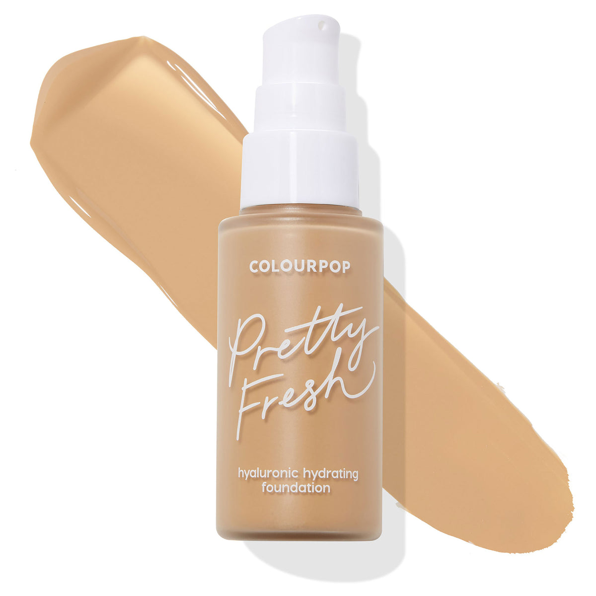 ColourPop Hyaluronic Hydrating Foundation, Pretty Fresh Medium 110 W, stands with a white pump as its warm beige shade is swatched in a thick streak behind the frosted bottle on a white background.