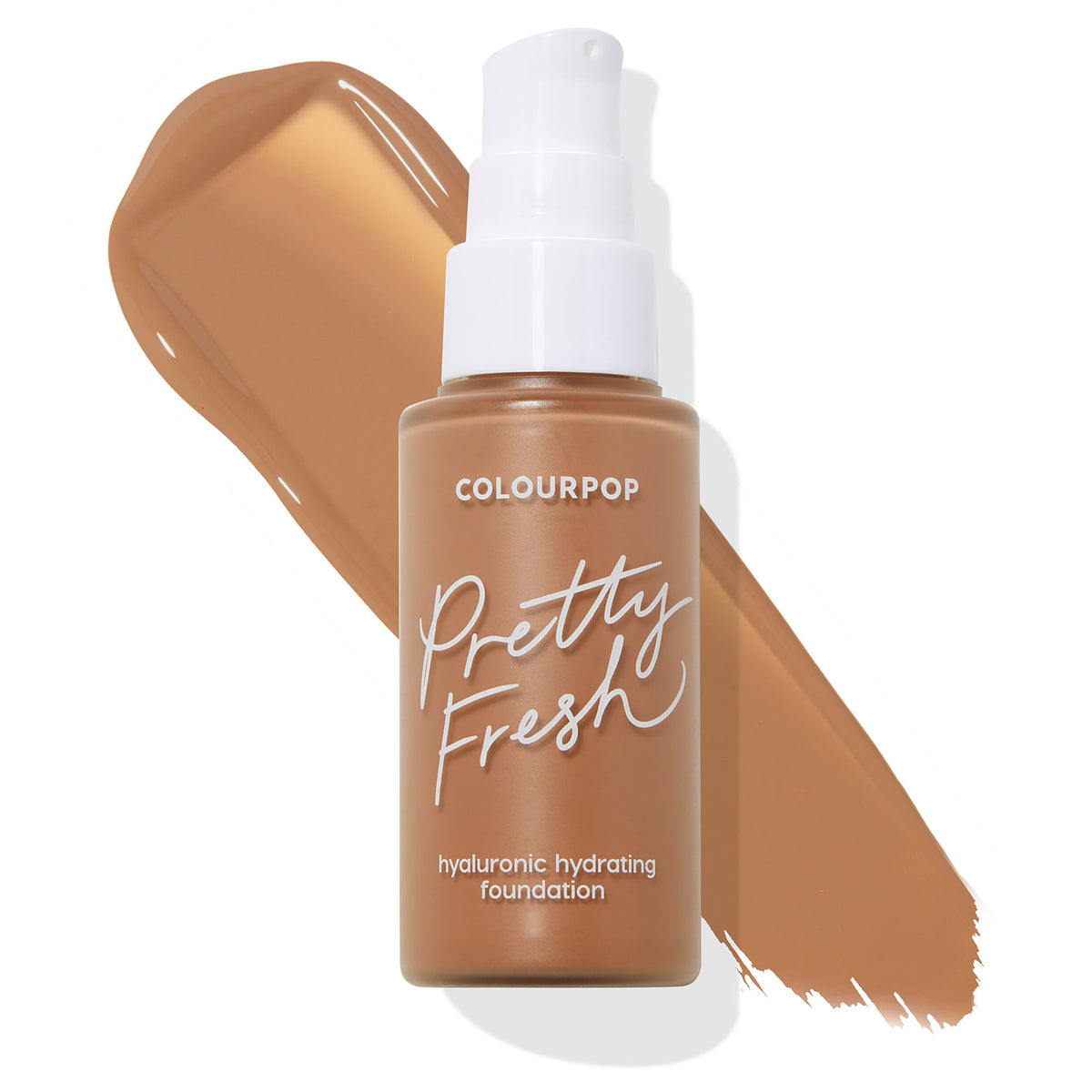 ColourPop Pretty Fresh Hyaluronic Hydrating Foundation bottle in shade Dark 153 C stands upright with a white pump against a wide brown swatch on a white background, showcasing the deep tone; ColourPop Hyaluronic Hydrating Foundation.