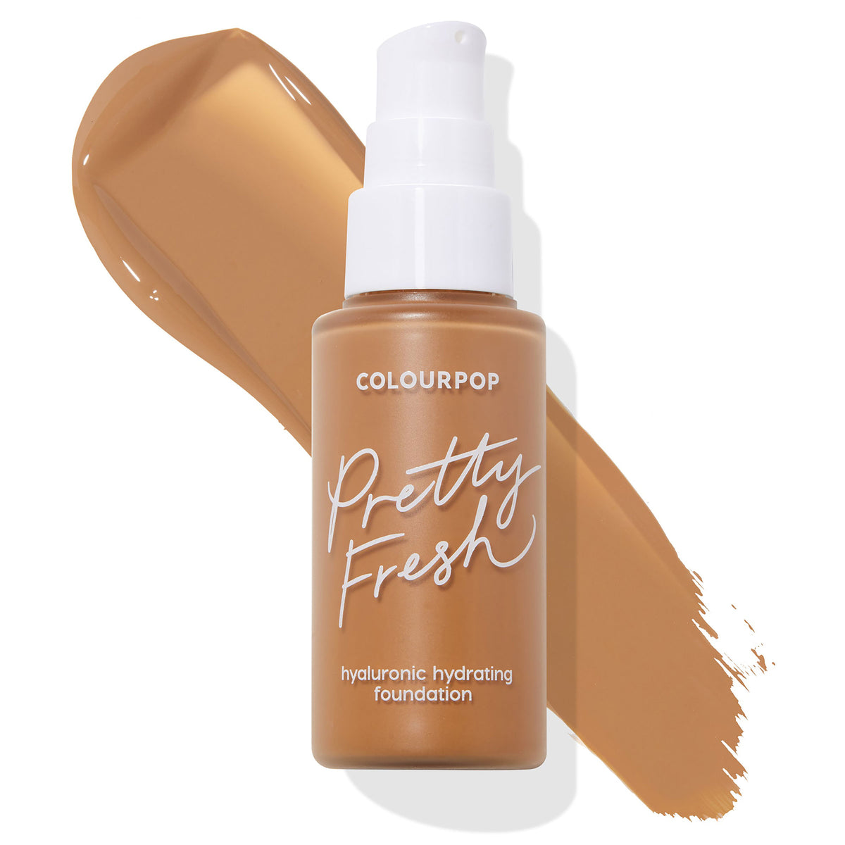 ColourPop Hyaluronic Hydrating Foundation Pretty Fresh bottle in shade Dark 155 W, standing upright with a white pump and frosted tan bottle, set over a wide caramel-brown swatch that highlights its warm undertone on a clean white background.