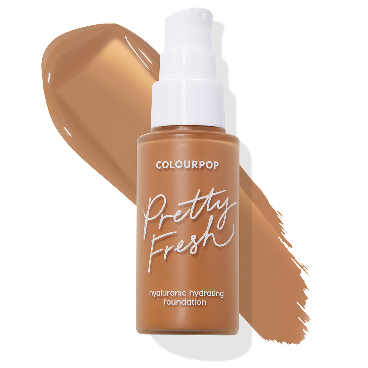 ColourPop Hyaluronic Hydrating Foundation in Dark 157 W, a frosted bottle with white pump and Pretty Fresh branding, set over a wide brown liquid swatch on a white background to showcase shade and texture.