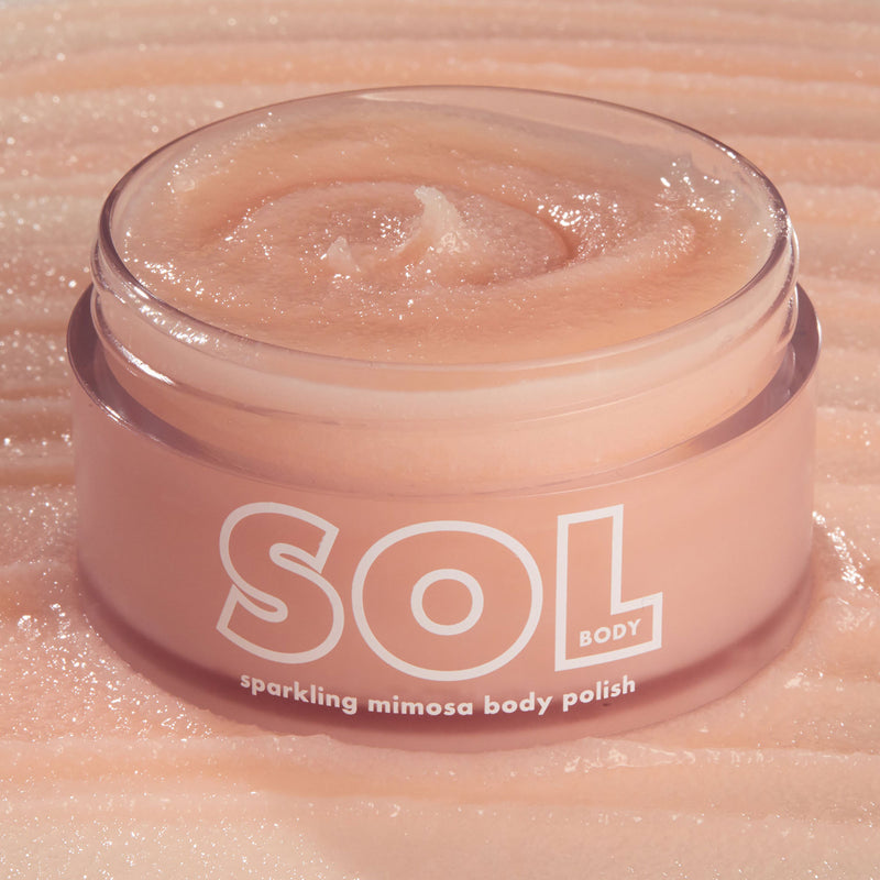 SOL Body Sparkling Mimosa Body Polish – A luscious body polish gently buffs and exfoliates to reveal skin so silky soft and smooth.  