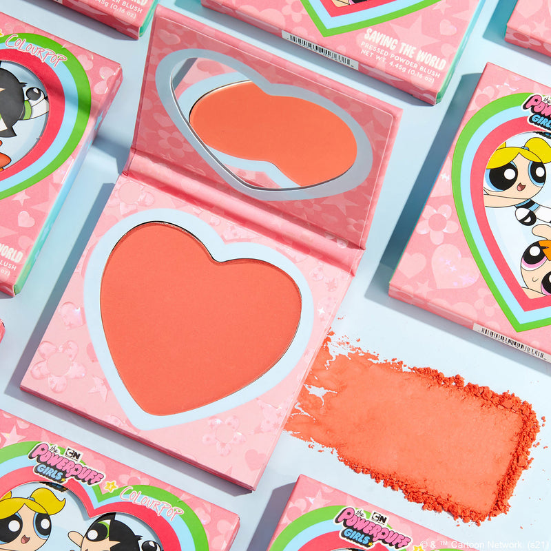 Powerpuff Girls x ColourPop Pressed Powder Blush in Saving the World featuring a buildable matte bright peach