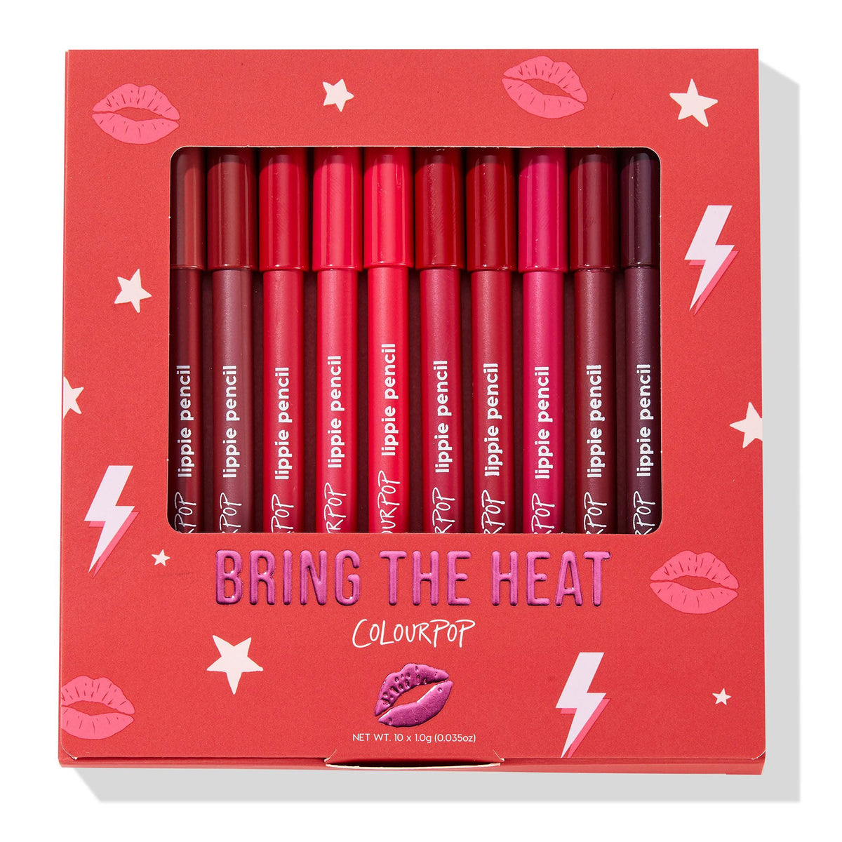 Ten ColourPop Lippie Pencil liners line up in the red Bring The Heat box, showing shades from pink and coral to crimson and burgundy; kiss, star, and lightning graphics decorate the packaging. 10-piece lip liner set, net wt 10 x 1.0 g (0.035 oz).