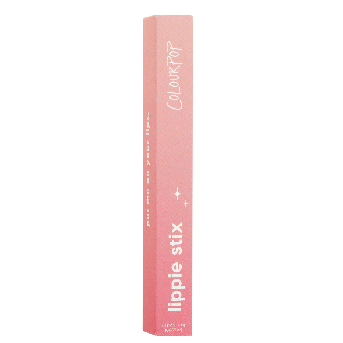 Love Life Lippie Stix stands upright, displaying a pink gradient box with white ColourPop branding, sparkles, and bold “lippie stix” text; shade Love Life, net wt 1.0 g (0.035 oz); ColourPop Lippie Stix on a clean white background.