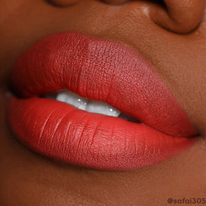 ColourPop Lippie Stix in Who Run This, a vibrant rusty red on model
