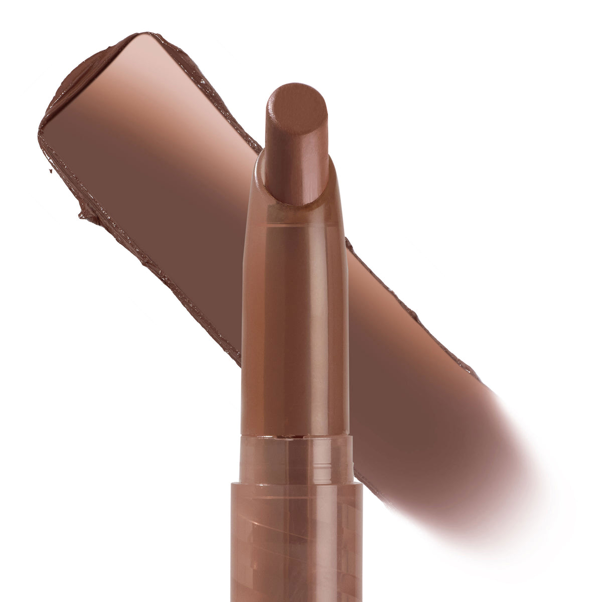 ColourPop Lippie Stix In the Nude stands uncapped, its warm medium-brown nude bullet angled forward while a matching swipe of color streaks behind it on a clean white background, highlighting the creamy pigment.