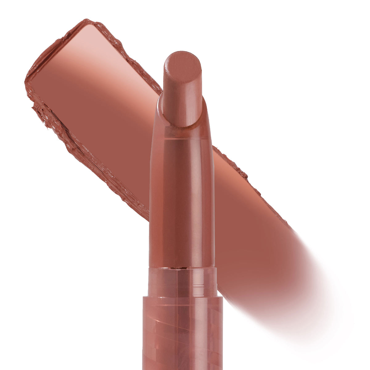 ColourPop Lippie Stix In the Nude, uncapped bullet poised to swipe, displays a warm nude-brown shade with a creamy look, set against a matching color swatch on a clean white background.