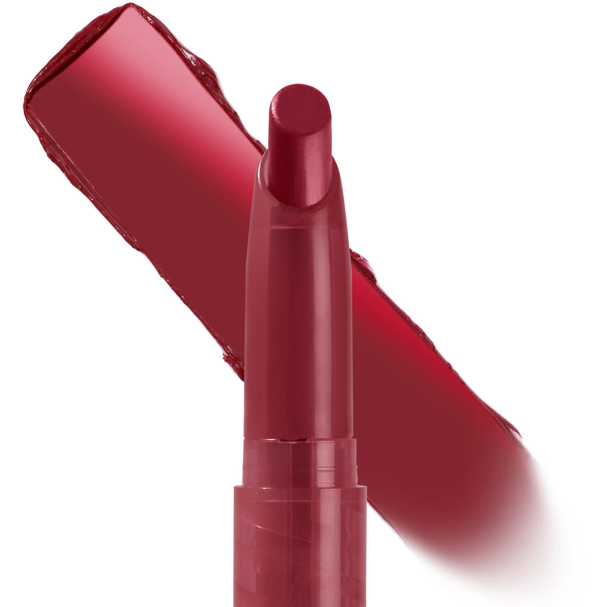 ColourPop Lippie Stix Hot in Here stands with tip exposed, a deep berry-red swatch sweeping behind to show rich pigment and creamy payoff, in a slim twist-up tube on a clean white background.