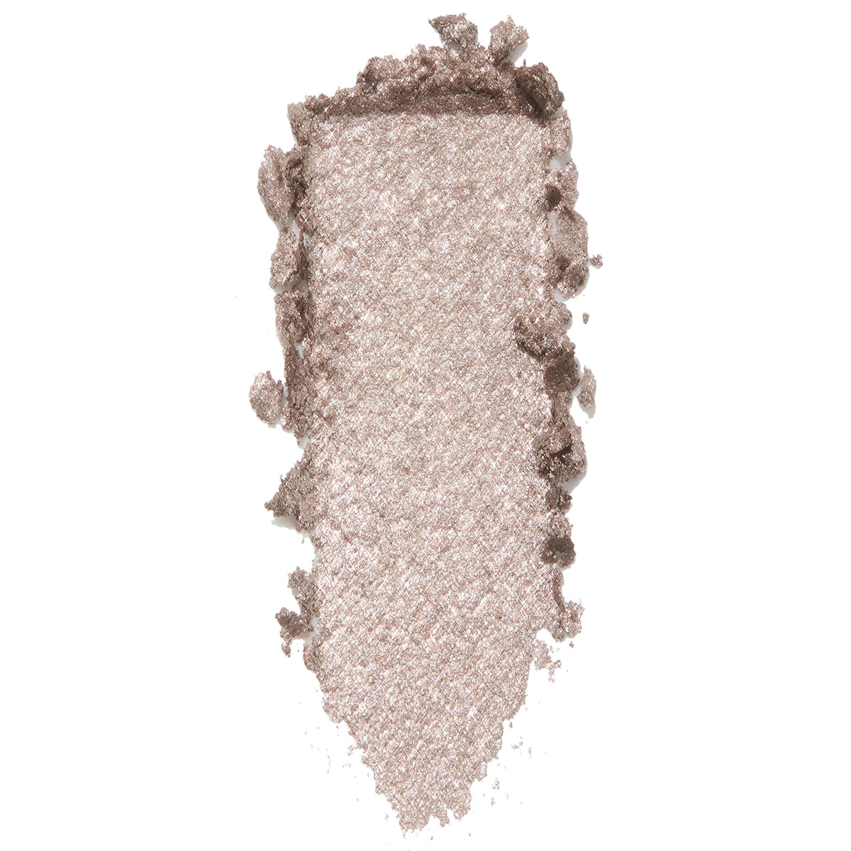 ColourPop I Heart This Super Shock Shadow swatch, a metallic champagne‑taupe with silver glitter, shown as a thick vertical smear with textured, crumbled edges on a white background to highlight its high-shine finish.
