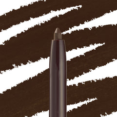 ColourPop Crème Gel Liner in Brew Haha, a deep coffee-brown shade, shown with a twist-up tip in close-up against bold brown swatch strokes on white, highlighting the creamy gel tip and precise pencil format.