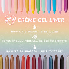Prance crème gel liner presented as a twist‑up ColourPop Crème Gel Liner, emphasizing waterproof 18‑hour wear and creamy glide, set among a rainbow lineup of pencil tips on a pastel gradient background; no sharpening needed.